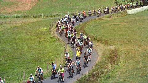 Radfahrer radeln durch Wiesen
