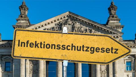 Schild "Infektionsschutzgesetz" vor dem Bundestag.