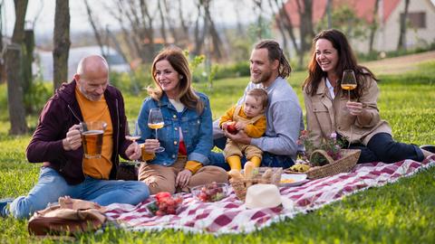 Eltern mit Großeltern und Kind auf Picknickdecke
