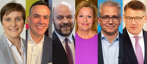 Kandidaten Landtagswahl 2023: Elisabeth Kula (Die Linke), Stefan Naas (FDP), Robert Lambrou (AfD), Nancy Faeser (SPD), Tarek Al Wazir (Grüne), Boris Rhein (CDU)